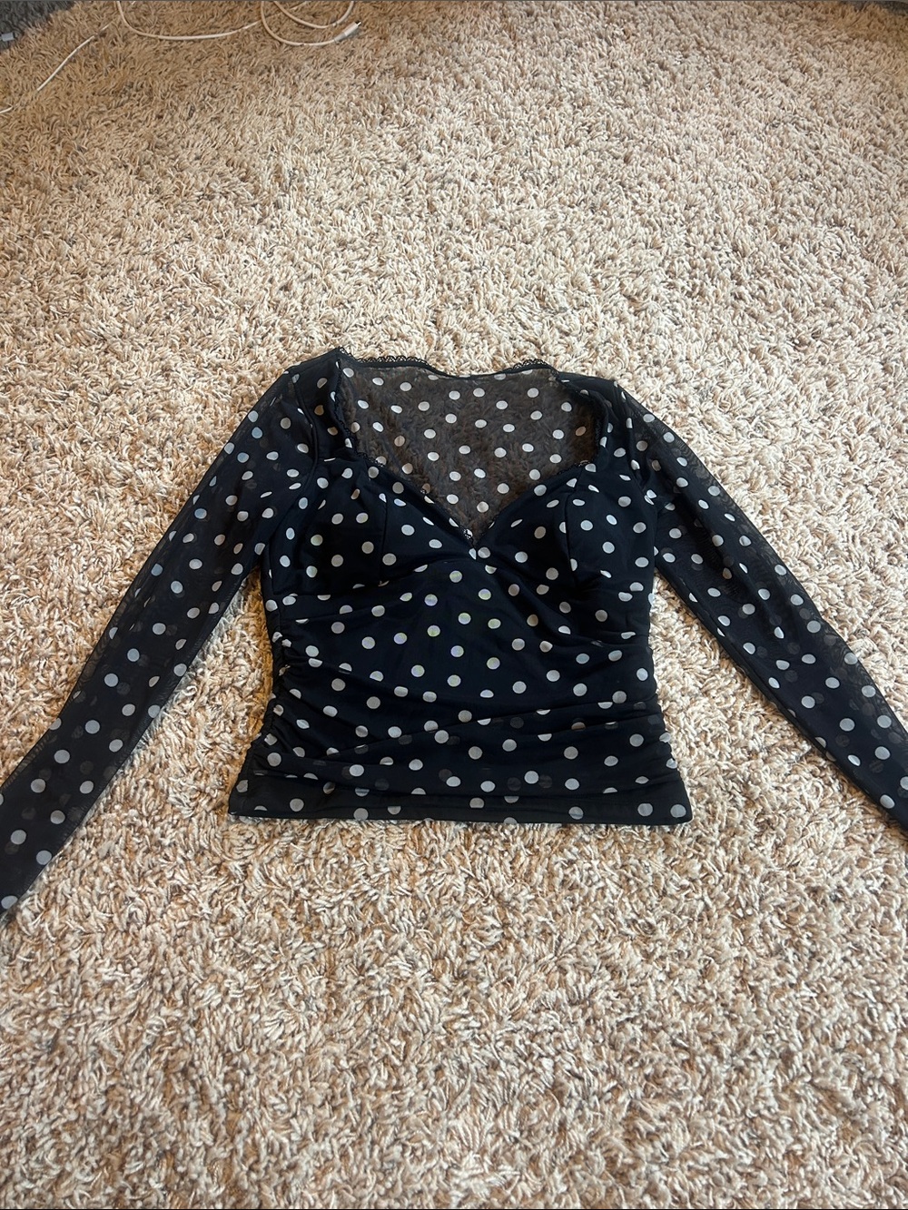 Abercrombie & Fitch Black Mesh Long Sleeve Polka Dot Top